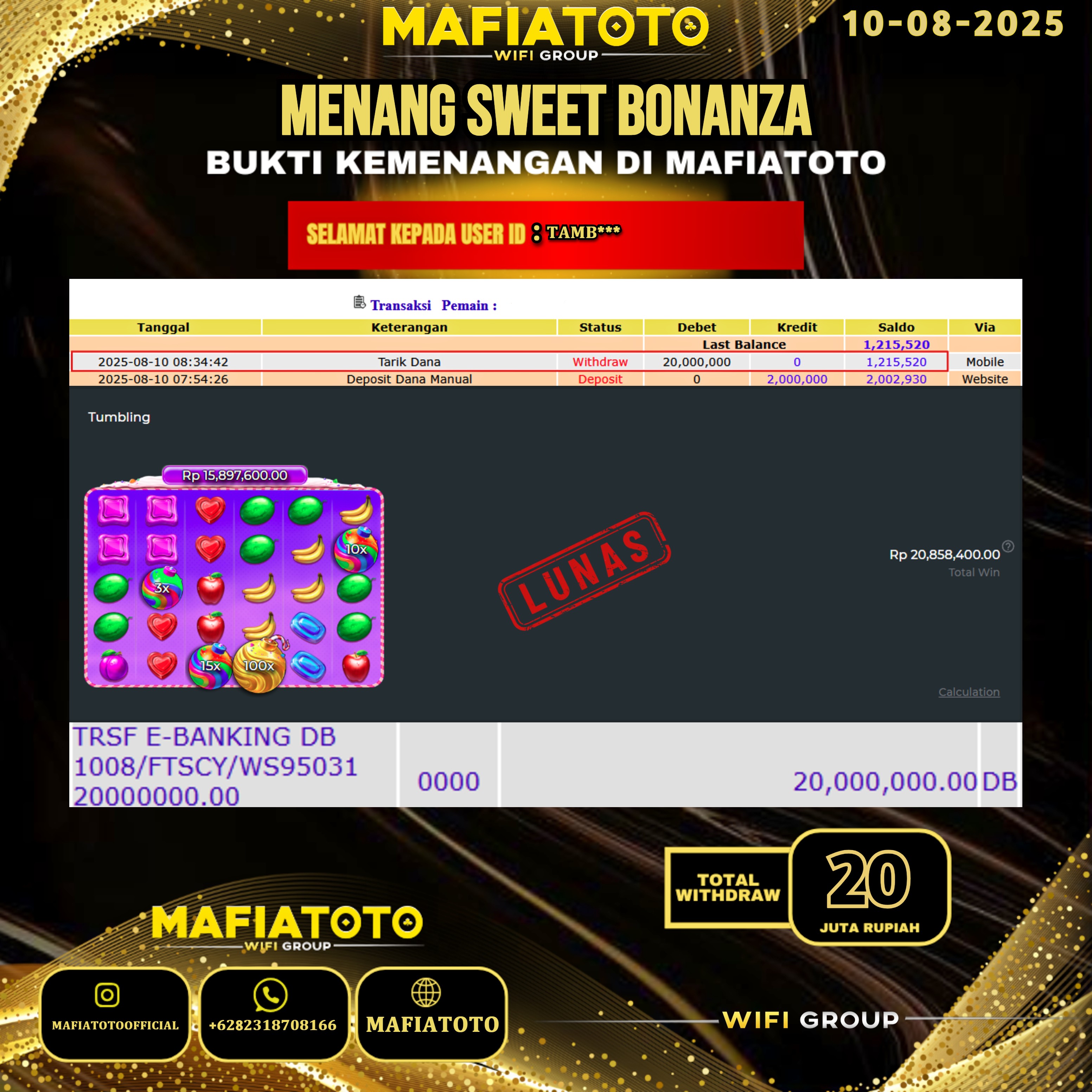 MAFIATOTO JACKPOT SLOT SWEET BONANZA RP.20.000.000 - LUNAS ID : TAMB***