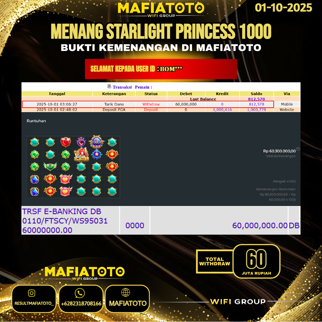 MAFIATOTO JACKPOT SLOT STARLIGHT PRINCESS 1000 RP.60.000.000 - LUNAS ID : BOM***