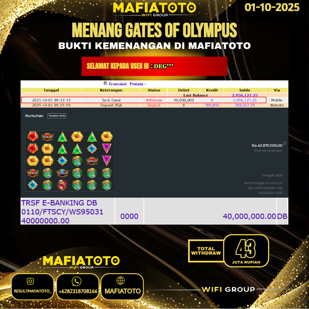 MAFIATOTO JACKPOT SLOT GATES OF OLYMPUS RP.43.000.000 - LUNAS ID : DEG***
