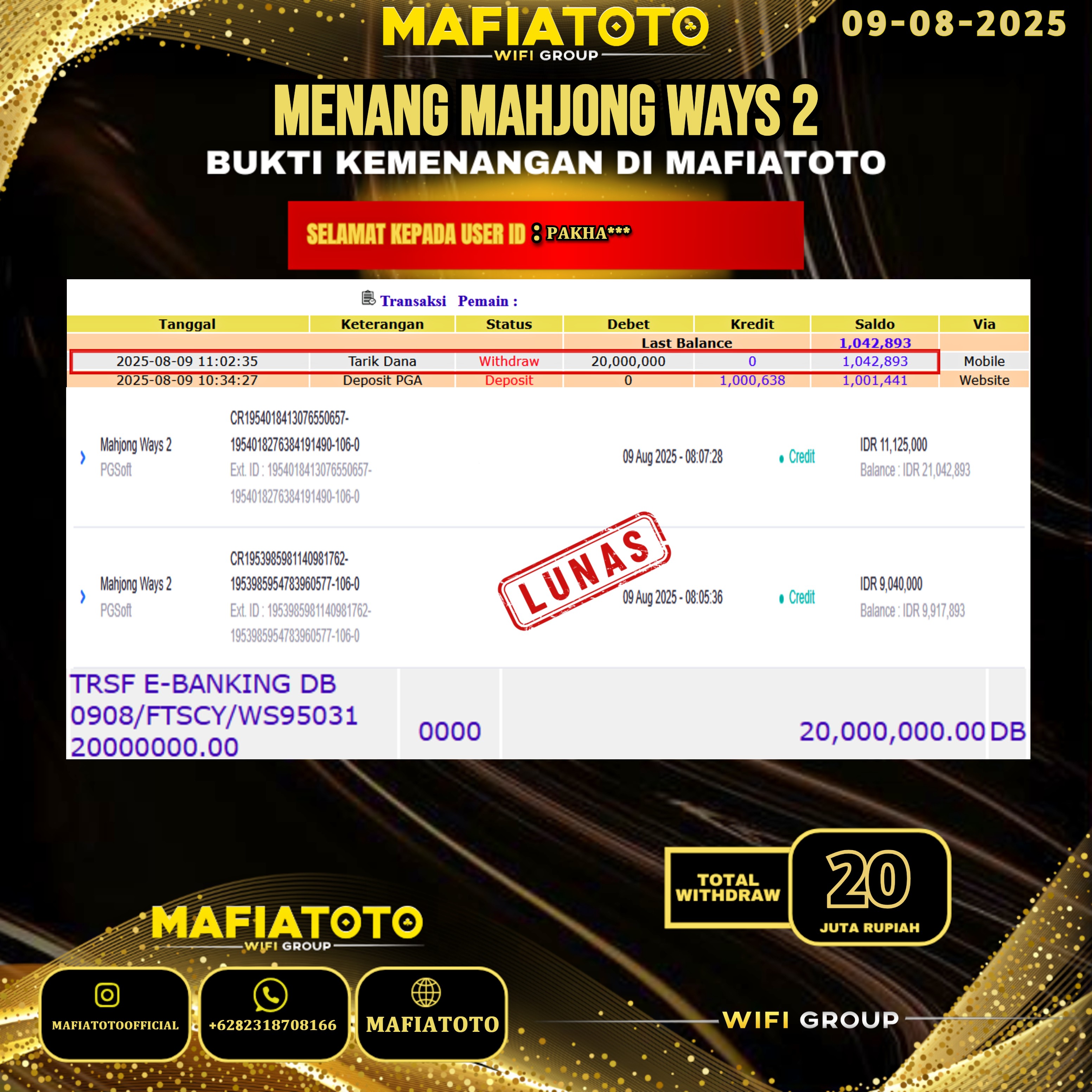 MAFIATOTO JACKPOT SLOT MAHJONG WAYS 2 RP.20.000.000 - LUNAS ID : PAKHA***