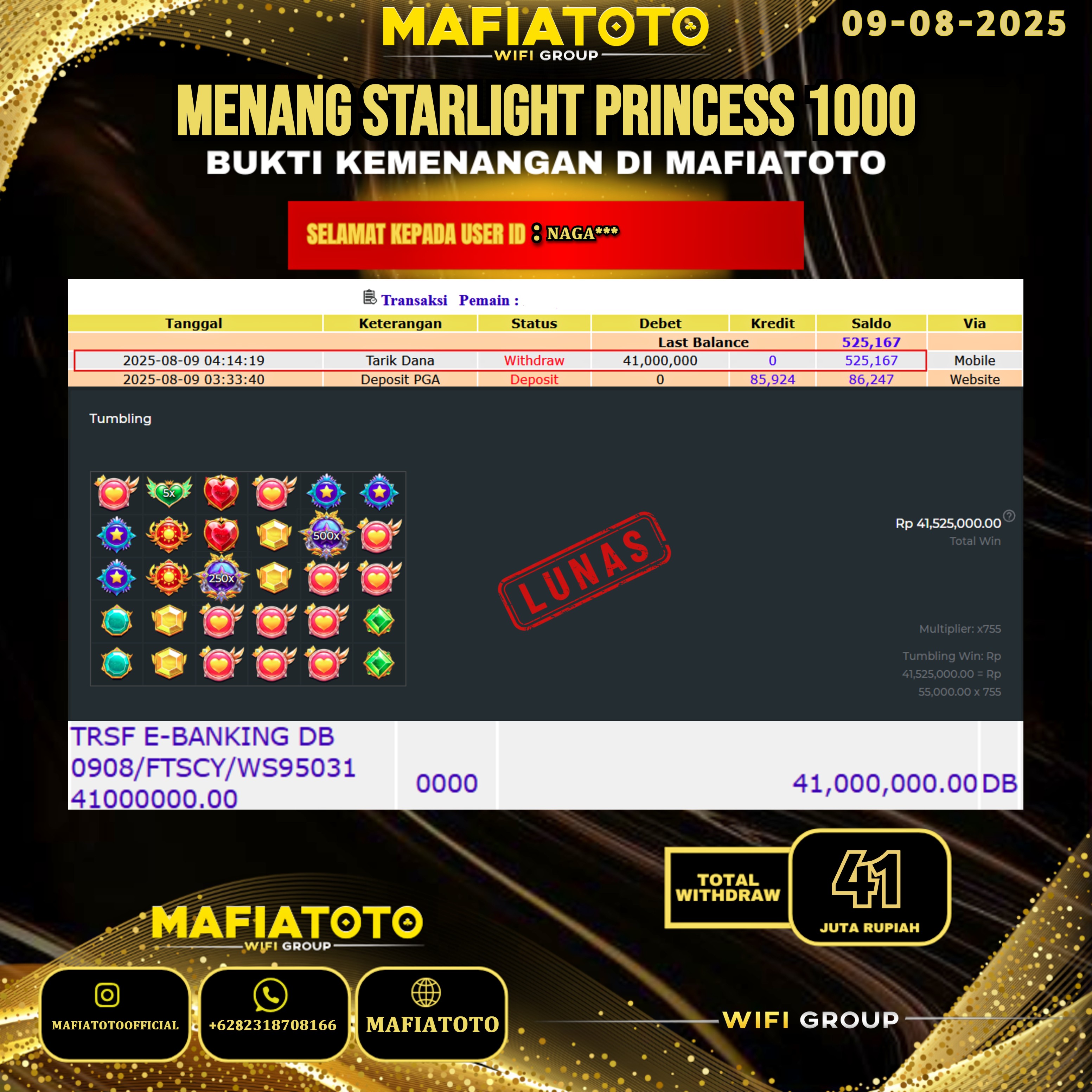 MAFIATOTO JACKPOT SLOT STARLIGHT PRINCESS 1000 RP.41.000.000 - LUNAS ID : NAGA***