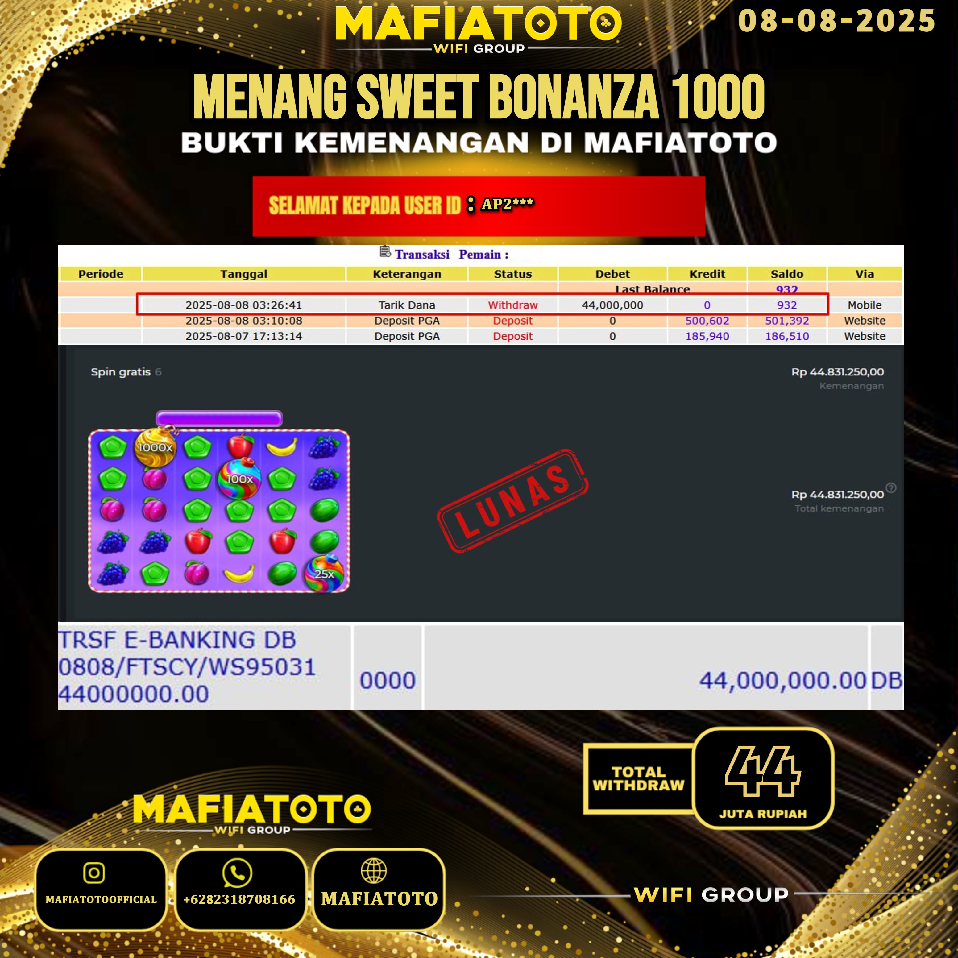 MAFIATOTO JACKPOT SLOT SWEET BONANZA 1000 RP.44.000.000 - LUNAS ID : AP2***