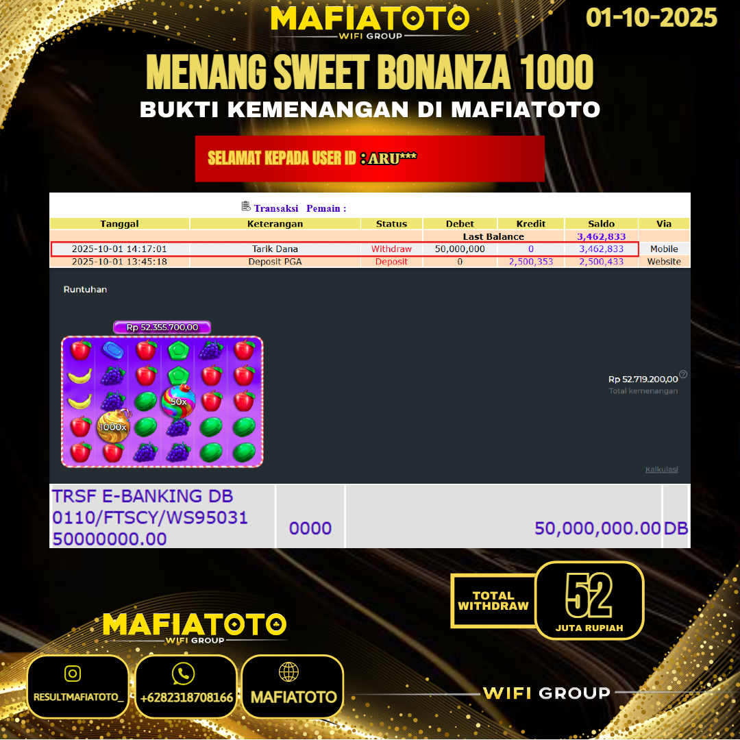 MAFIATOTO JACKPOT SLOT SWEET BONANZA 1000 RP.52.000.000 - LUNAS ID : ARU***
