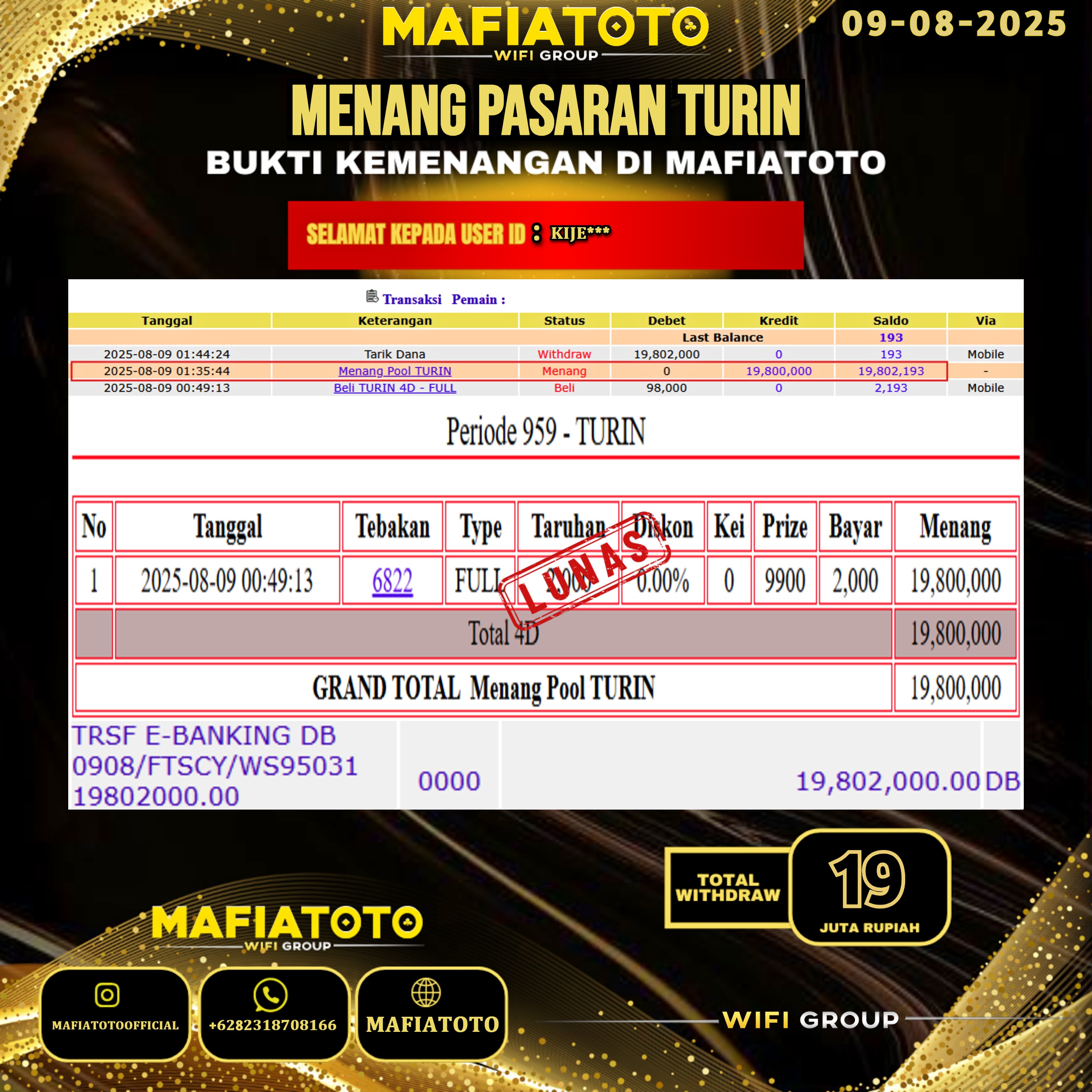 MAFIATOTO JACKPOT TOGEL PASARAN TURIN RP.19.000.000 - LUNAS ID : KIJE***