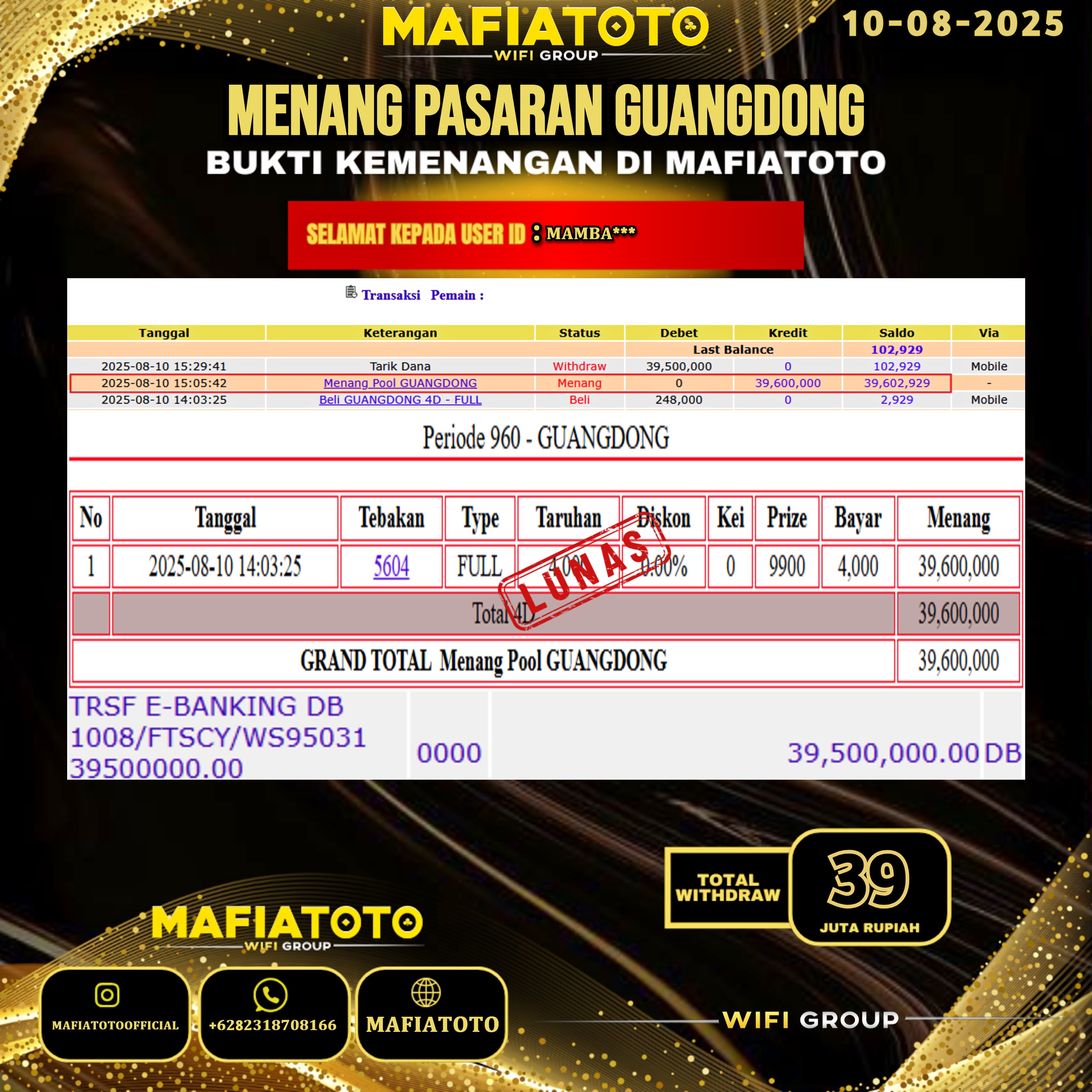 MAFIATOTO JACKPOT TOGEL PASARAN GUANGDONG RP.39.000.000 - LUNAS ID : MAMBA***
