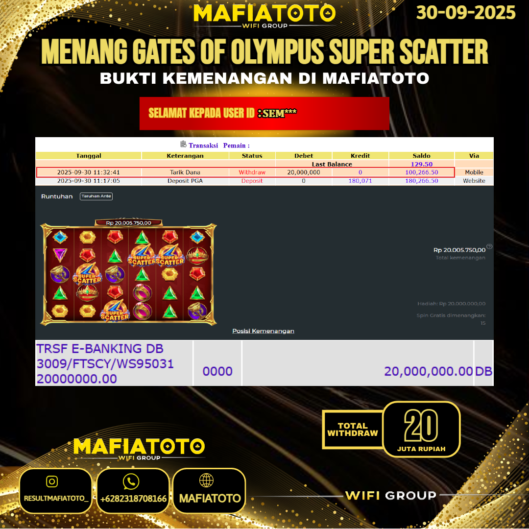 MAFIATOTO JACKPOT SLOT GATES OF OLYMPUS SUPER SCATTER RP.20.000.000 - LUNAS ID : SEM***