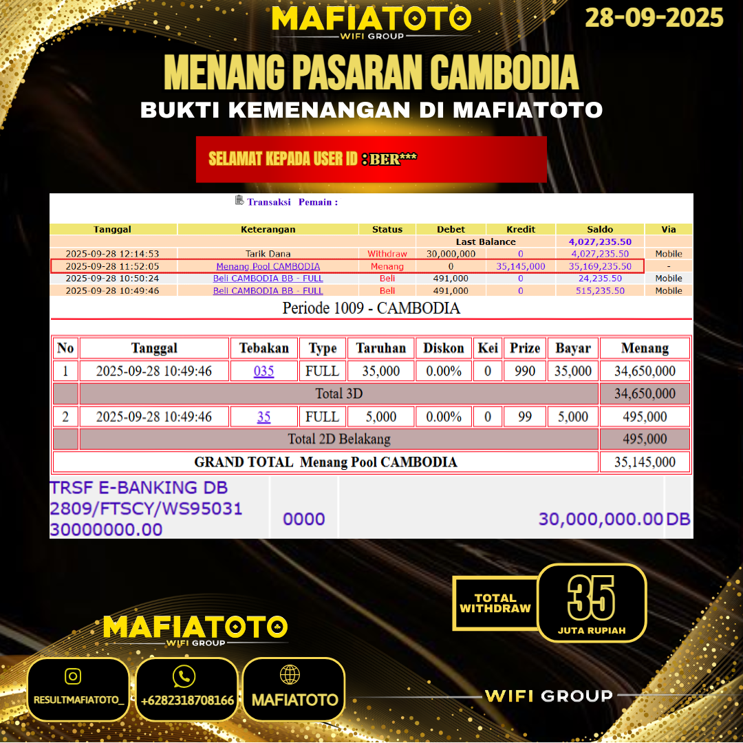MAFIATOTO JACKPOT TOGEL PASARAN CAMBODIA RP.35.000.000 - LUNAS ID : BER***