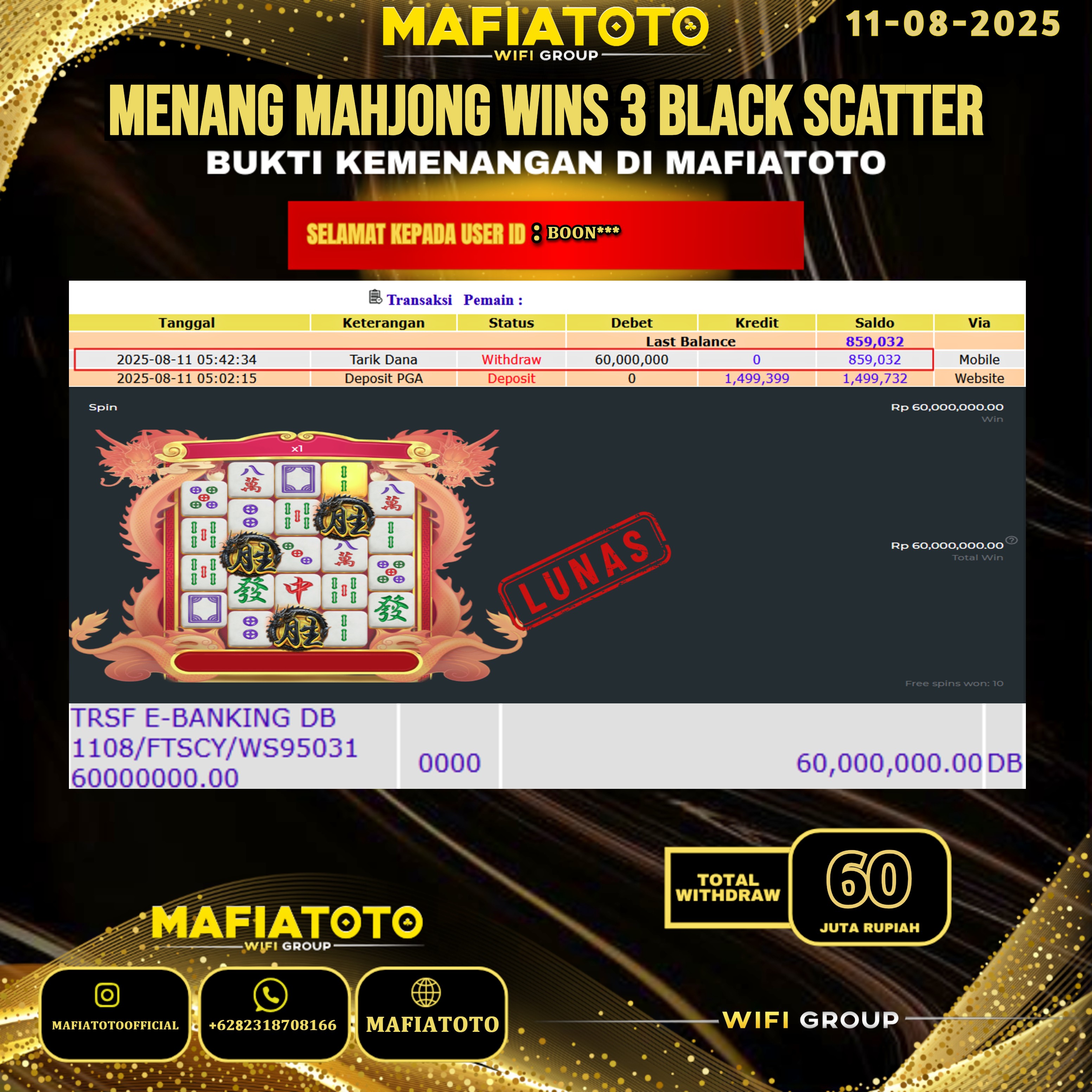 MAFIATOTO JACKPOT SLOT MAHJONG WINS 3 BLACK SCATTER RP.60.000.000 - LUNAS ID : BOON***