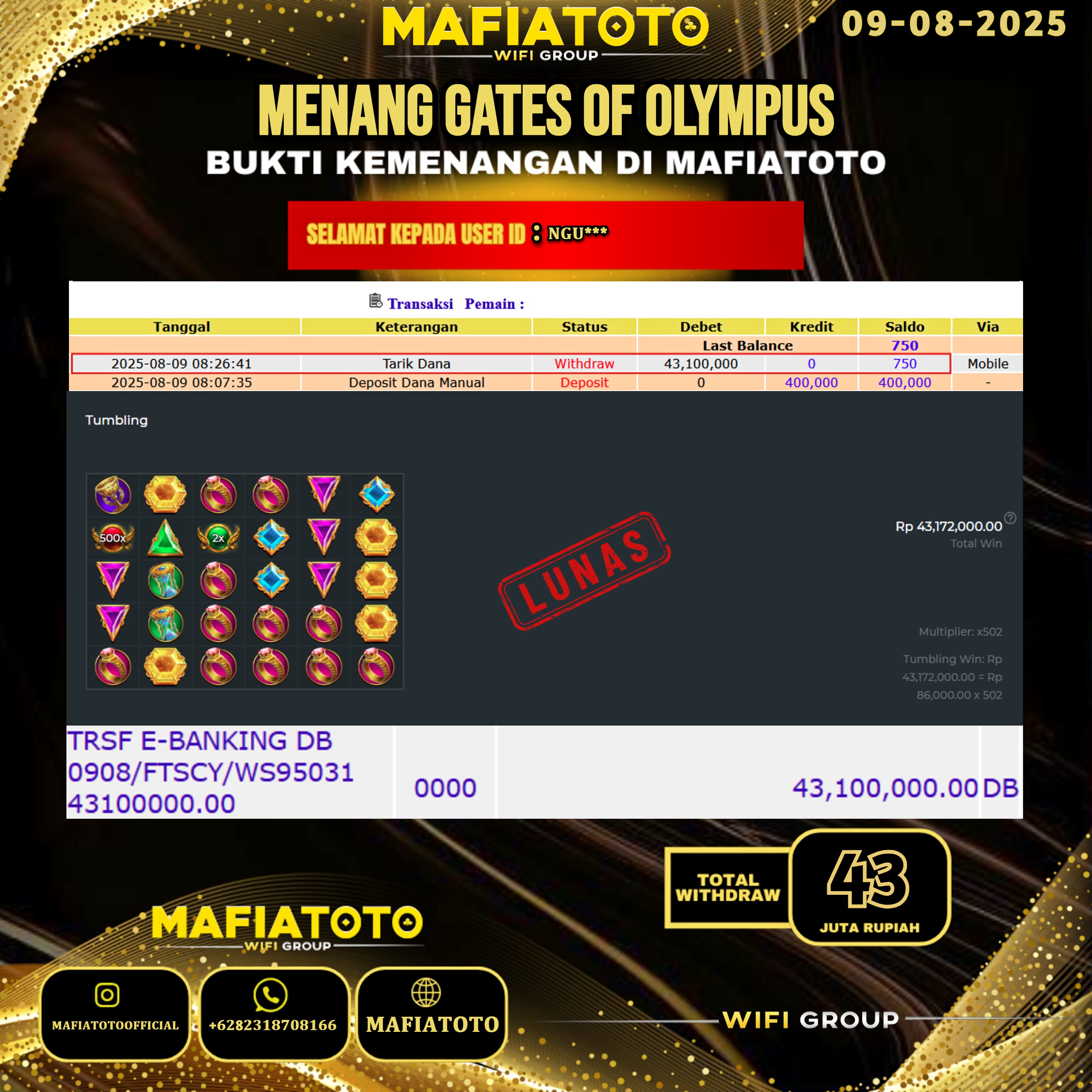 MAFIATOTO JACKPOT SLOT GATES OF OLYMPUS RP.43.000.000 - LUNAS ID : NGU***