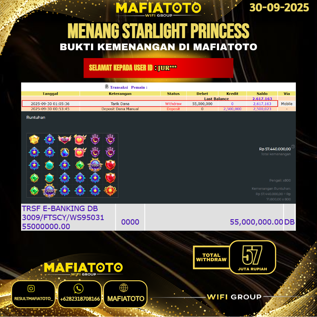 MAFIATOTO JACKPOT SLOT STARLIGHT PRINCESS RP.57.000.000 - LUNAS ID : JUR***