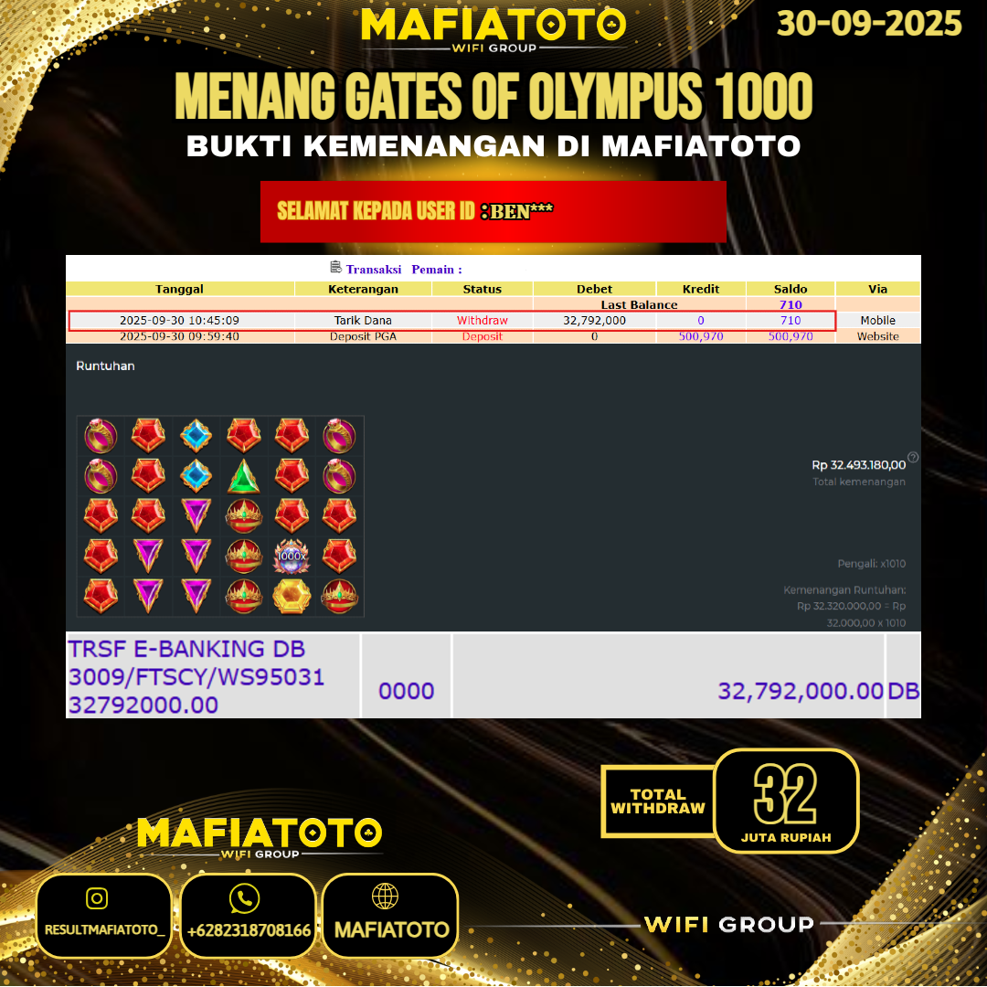 MAFIATOTO JACKPOT SLOT GATES OF OLYMPUS 1000 RP.32.000.000 - LUNAS ID : BEN***