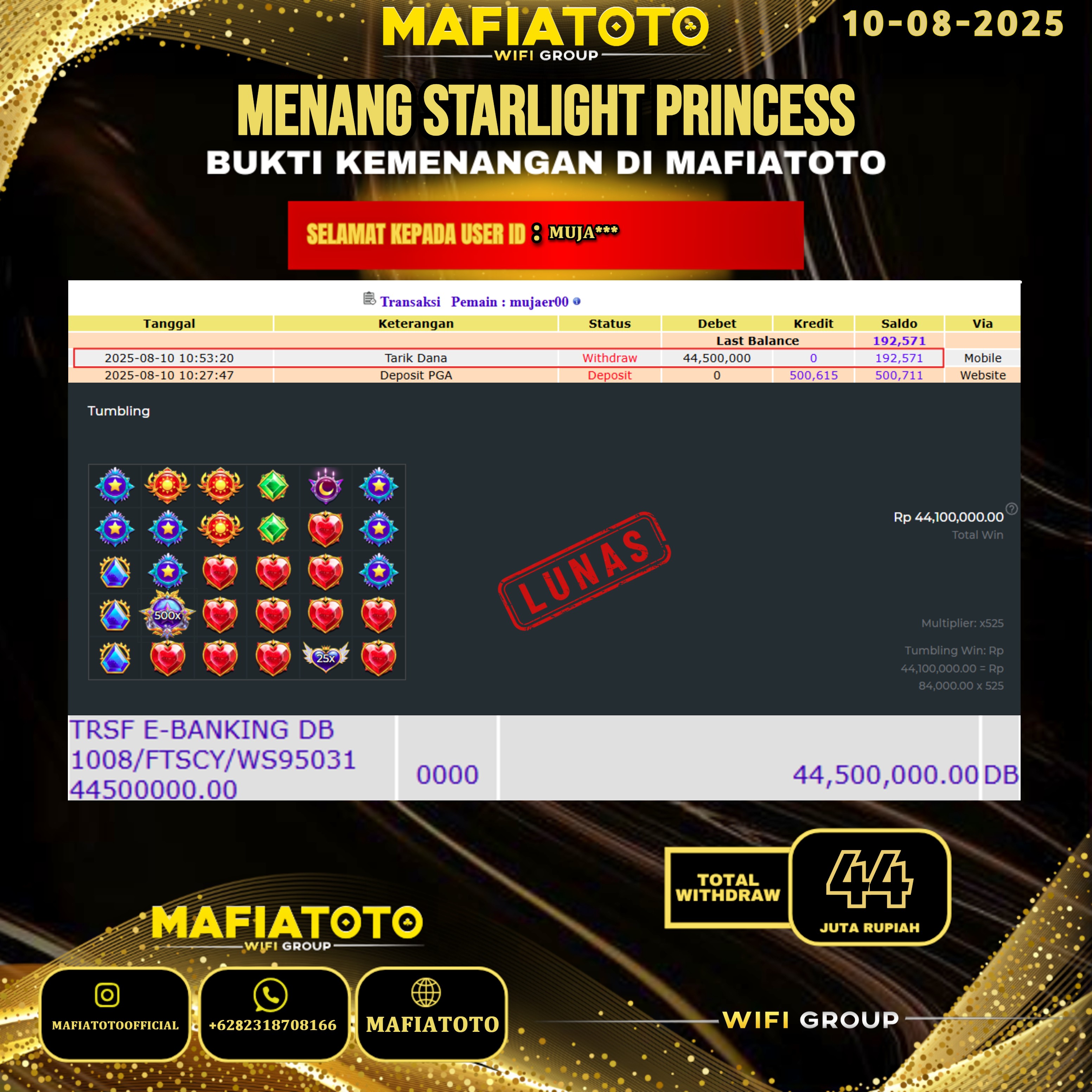 MAFIATOTO JACKPOT SLOT STARLIGHT PRINCESS RP.44.000.000 - LUNAS ID : MUJA***