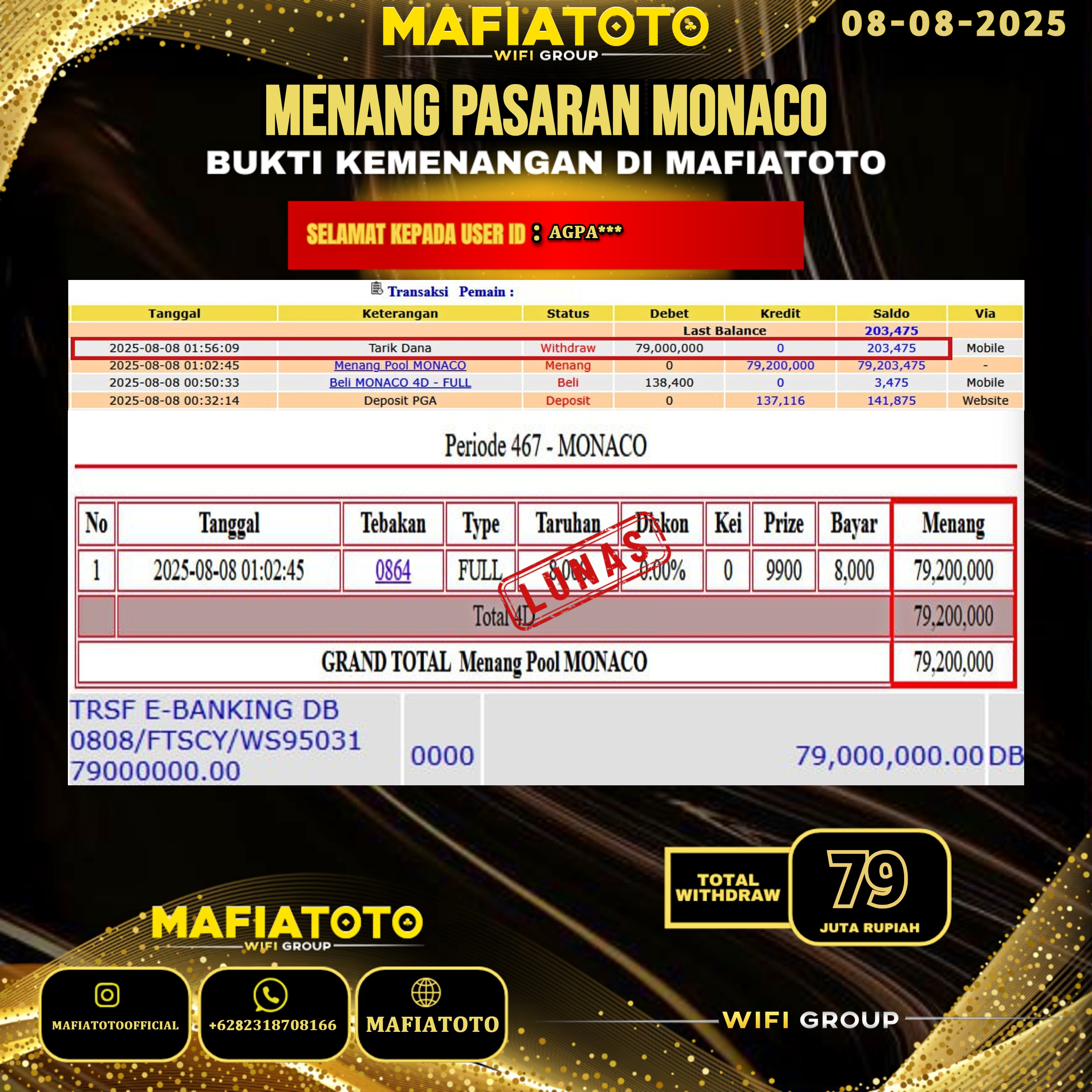 MAFIATOTO JACKPOT TOGEL PASARAN MONACO RP.79.000.000 - LUNAS ID : AGPA***