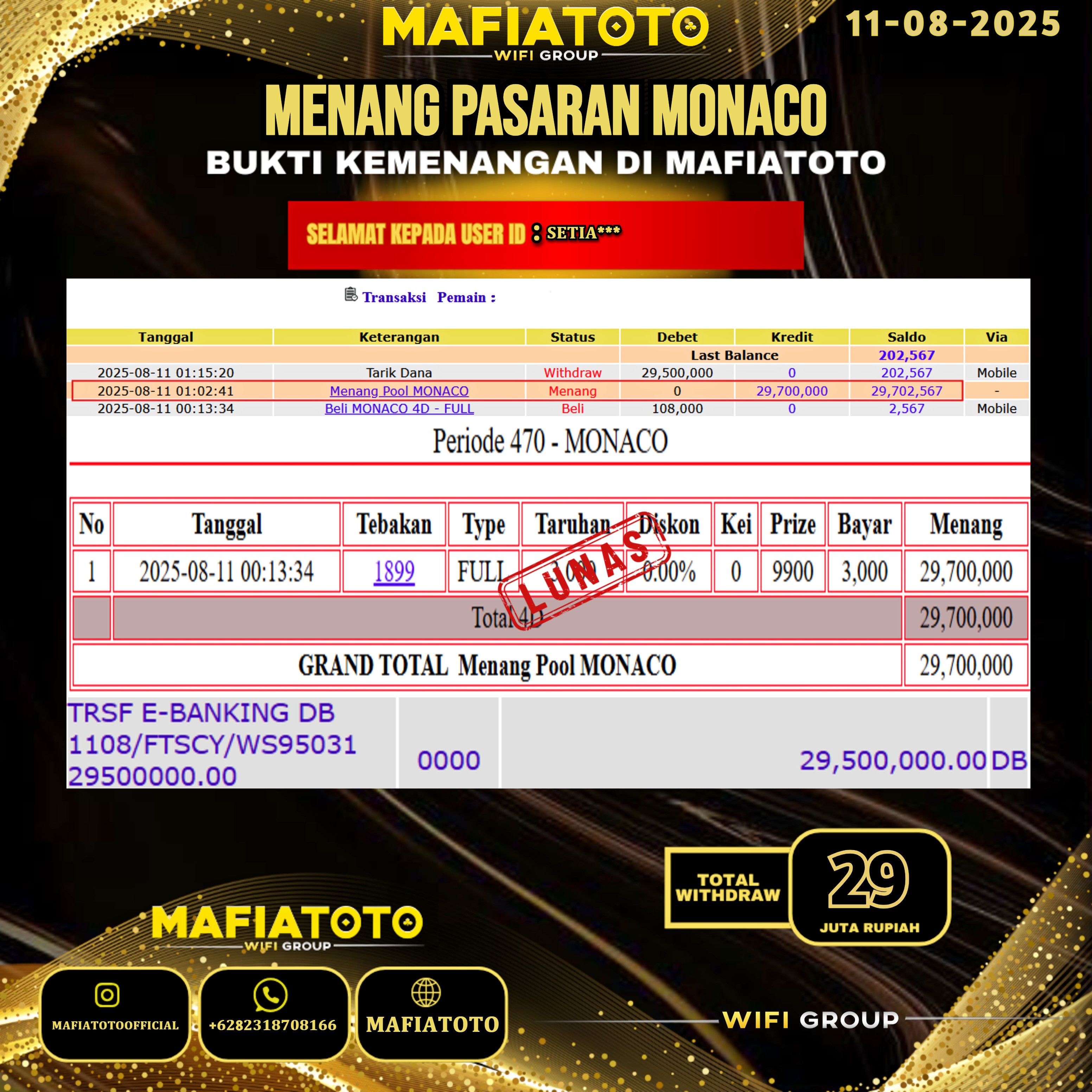 MAFIATOTO JACKPOT TOGEL PASARAN MONACO RP.29.000.000 - LUNAS ID : SETIA***