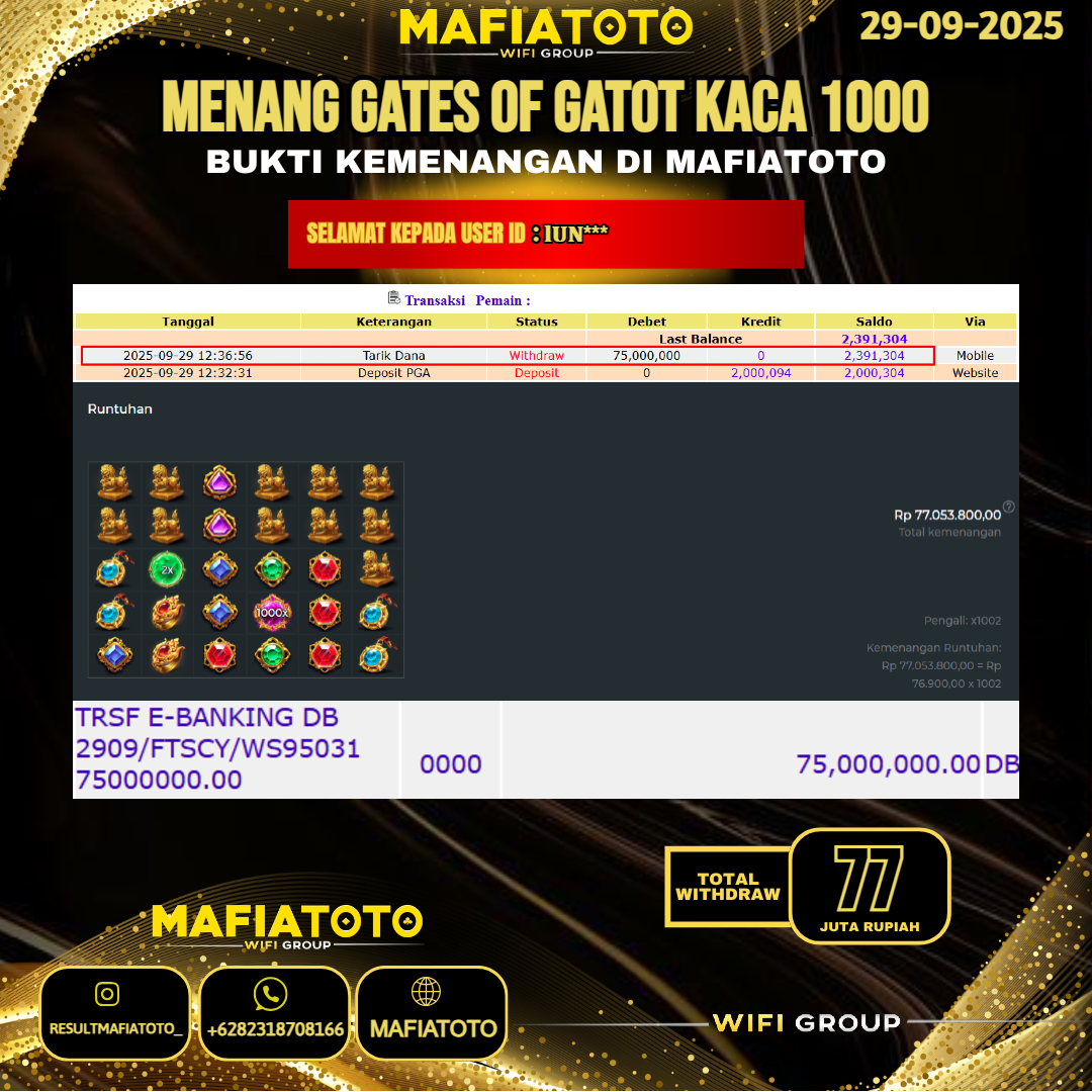 MAFIATOTO JACKPOT SLOT GATES OF GATOT KACA 1000 RP.77.000.000 - LUNAS ID : IUN***